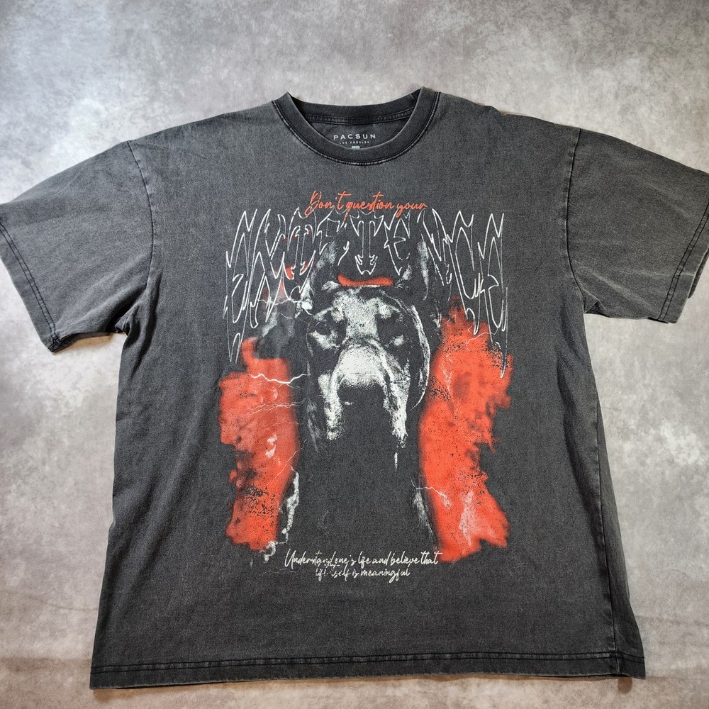 PacSun Doberman Graphic T-Shirt Mens XL Black Acid Wash Cotton Streetwear Tee